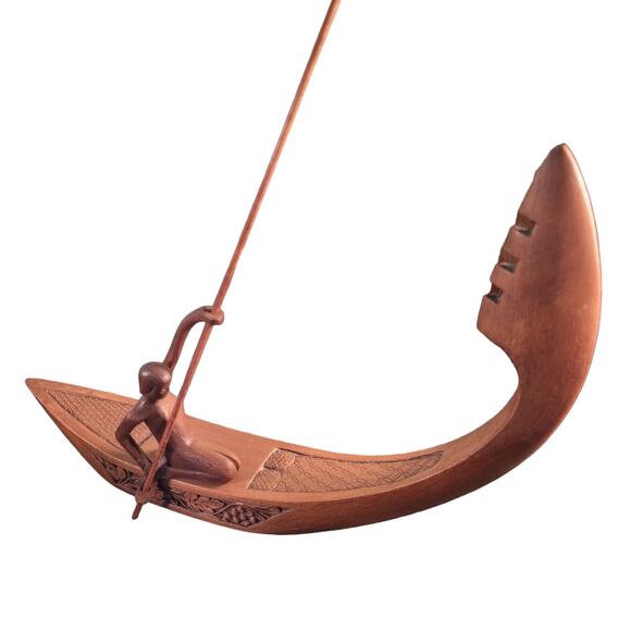 Vintage Rustic Carved Wood Canoe Folk Art Rowboat Fisherman Decor Lakehouse - Picture 7 of 11